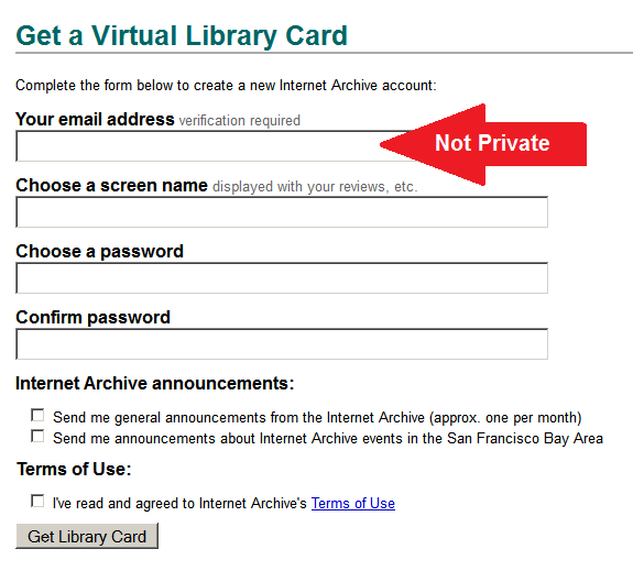 entry form for creating an account, entitled Get a Virtual Library Card, containing fields for your: email address, screen name, password, Archive announcement options, and agreement to terms of use