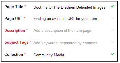 Required fields shown for Page Title, Page URL, Description, Subject Tags, and Collection