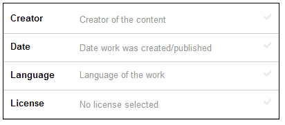 Recommended fields shown for Creator, Date, Language, and License
