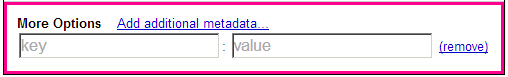 Add additional metadata link from bottom of first column, opens an additional field with areas to enter key and value