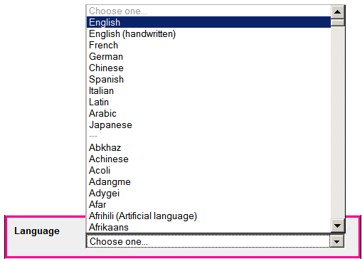 dropdown list for language field, whose first options are: English, English (handwritten), French, German, Chinese, Spanish, Italian, Latin, Arabic, Japanese - which are then followed by a much longer alphabetical list