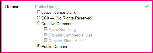 dropdown radio buttons for license field which include: Leave license blank; CC0 - No rights reserved; Creative Commons with sub-options; and Public Domain