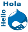 Drupal icon saying Hola and Hello